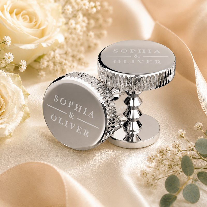 Silver Mayfair cufflinks engraved with couple’s names for a wedding keepsake #cufflinks #set