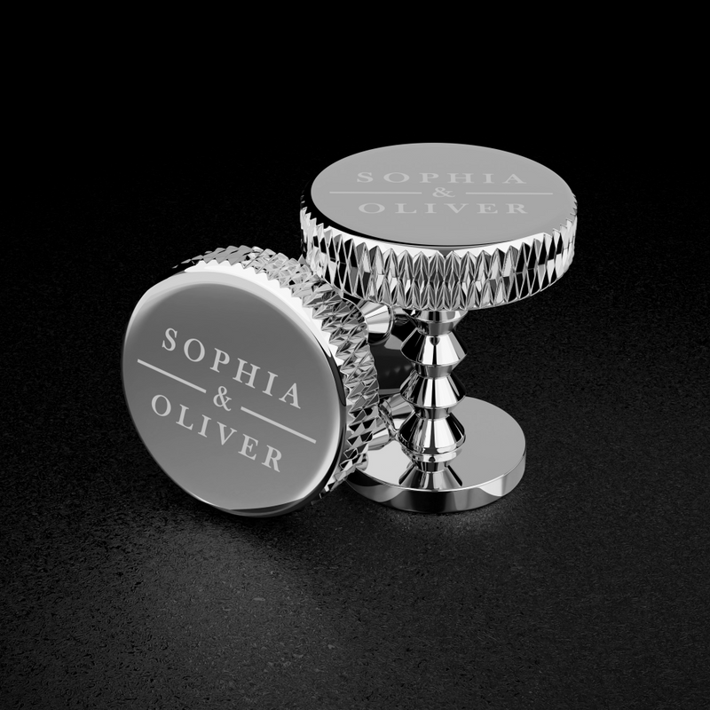 Silver Mayfair cufflinks engraved with couple’s names for a wedding keepsake #cufflinks #set