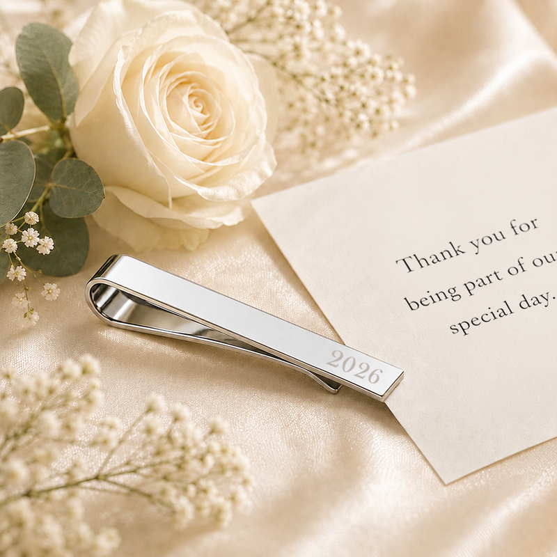 silver tie clip displayed with wedding message card and rose #tieclip #set