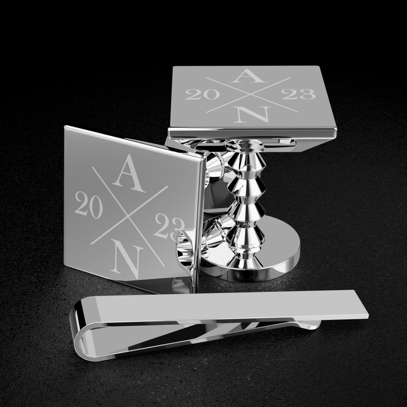 Personalised Silver Richmond cufflink and tie clip gift set with 2023 engraving on black background #set