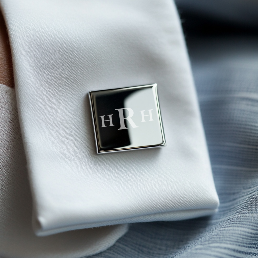  Silver Richmond cufflinks on wedding morning with personalised initials