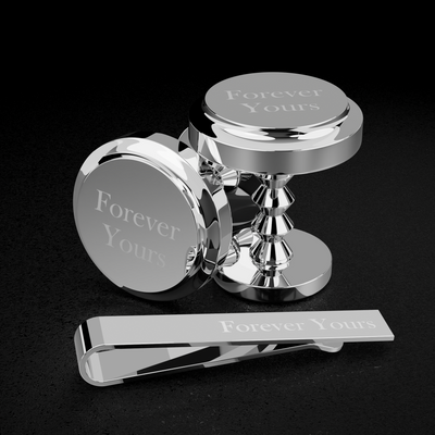 Personalised silver Brompton cufflinks and tie clip set with Forever Yours engraving