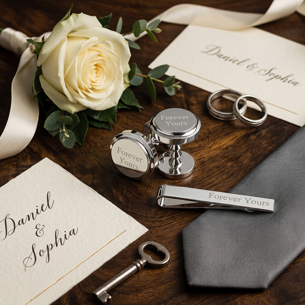 Personalised silver Brompton cufflinks and tie clip set with Forever Yours engraving #giftset