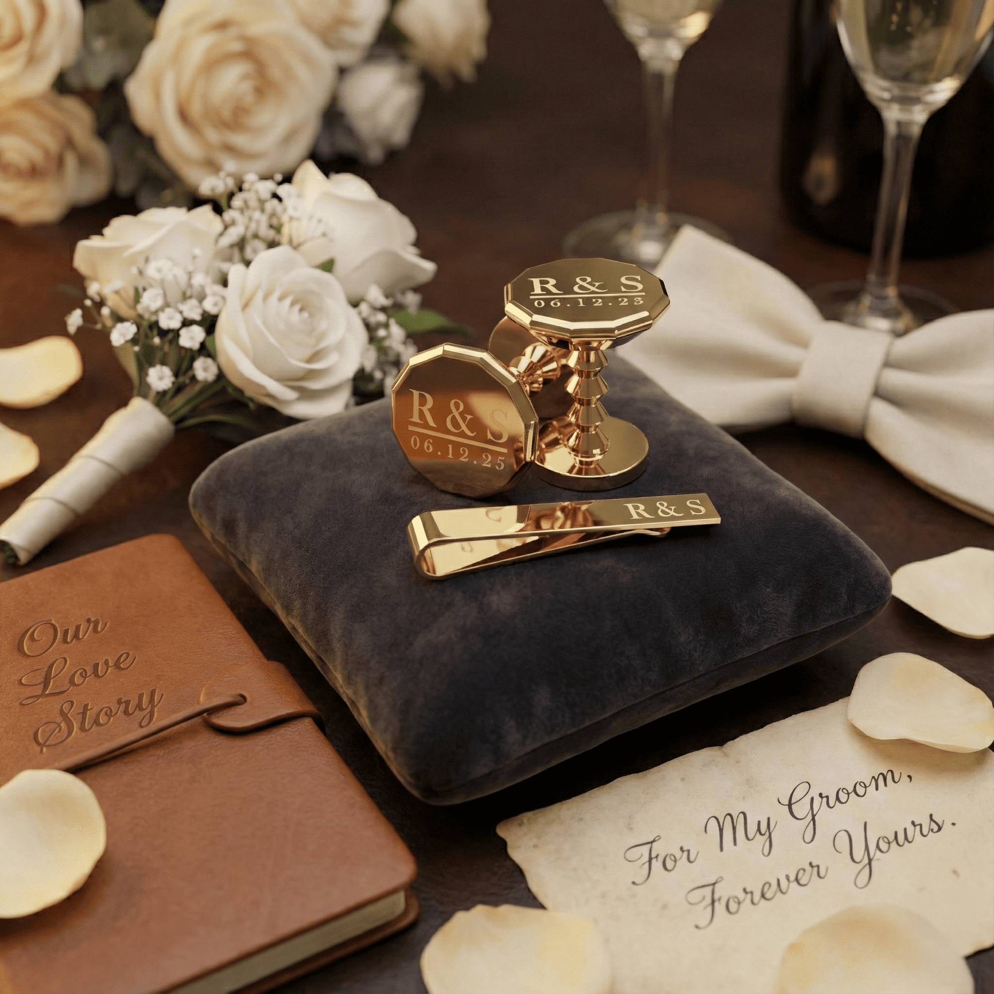 Kunden spezifische goldene Manschetten knöpfe für Ushers-elegantes graviertes Herren-Hochzeits zubehör