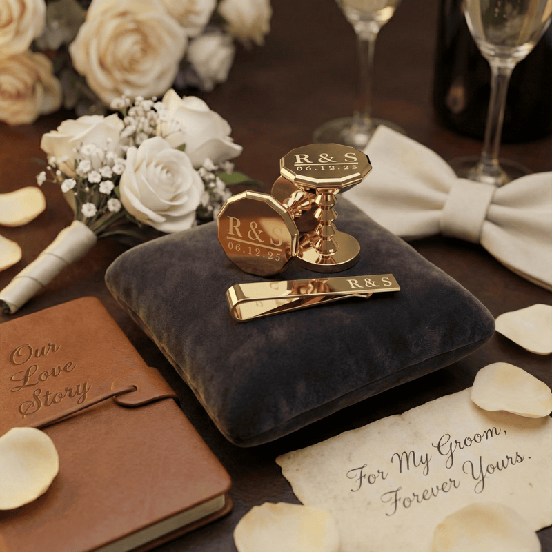 Gold wedding rings on a dark pillow with flowers and a 'Our Love Story' book in the background. #giftset